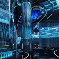 Modern Tech Inspired KTV Interior With Blue Neon Lights And Robot Decor