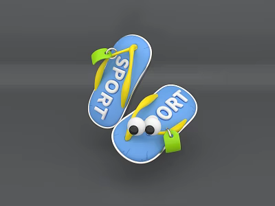 Blue Sport Slippers With Green Straps And Eye Decorations For Casual Summer Wear 3d model