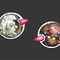 Two Glass Cups of Ice Cream with Whipped Cream Chocolate Sticks and Colorful Toppings
