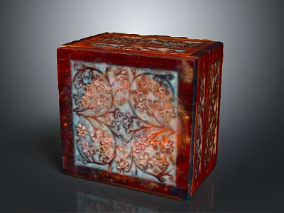 Vintage Carved Wooden Square Decorative Ornament Set With Floral Patterns And Red Blue Orange Accents 3d model