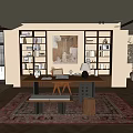 Middle-ancient style study desk and chair combination bookcase hanging picture lamp 3d model