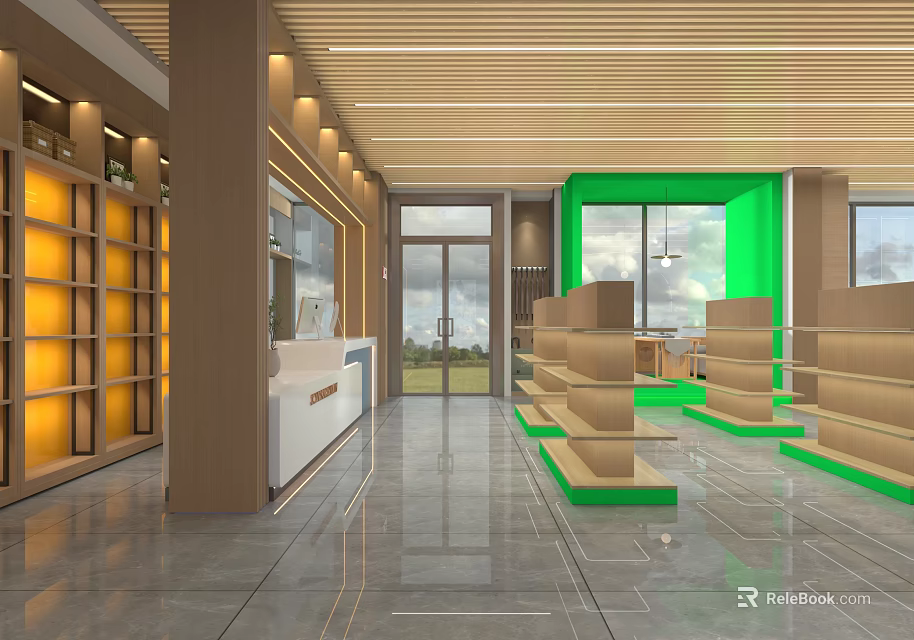 Modern Retail Store Interior Design With Wooden Ceiling Glass Doors Green Walls And Display Shelves 3d model 