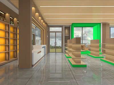Modern Retail Store Interior Design With Wooden Ceiling Glass Doors Green Walls And Display Shelves 3d model