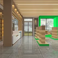 Modern Retail Store Interior Design With Wooden Ceiling Glass Doors Green Walls And Display Shelves