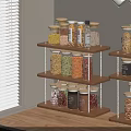 Organized Spice Jars With Various Spices On Wooden Metal Shelves In Modern Kitchen