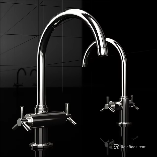 Sleek Modern Polished Stainless Steel Double Faucets With Curved Spouts And Handles 3d model 