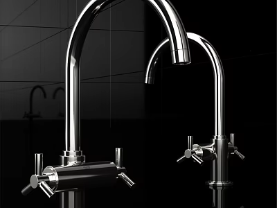Sleek Modern Polished Stainless Steel Double Faucets With Curved Spouts And Handles 3d model