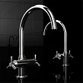 Sleek Modern Polished Stainless Steel Double Faucets With Curved Spouts And Handles