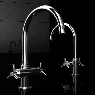 Sleek Modern Polished Stainless Steel Double Faucets With Curved Spouts And Handles 3d model
