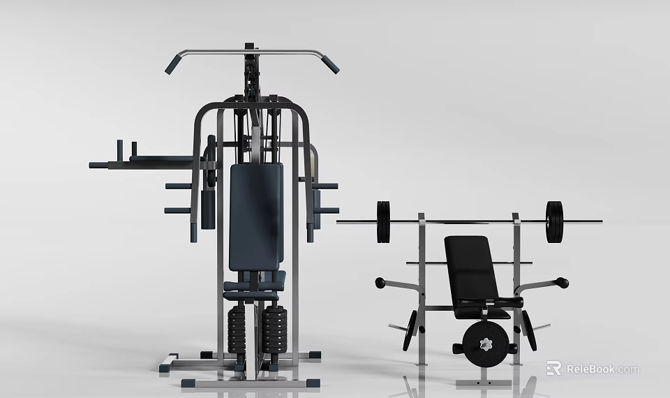 Multi Functional Sports Training Equipment With Weight Barbell And Adjustable Workout Bench 3d model 
