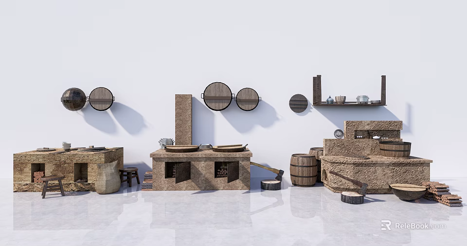 Rustic Stone Cabinets With Circular Wall Decor And Wooden Shelves 3d model