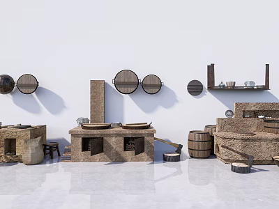 Rustic Stone Cabinets With Circular Wall Decor And Wooden Shelves 3d model