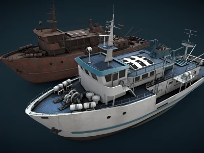 Rusty Old Boat and Sleek White Modern Watercraft with Deck Equipment 3d model Rusty Old Boat and Sleek White Modern Watercraft with Deck Equipment 3d model