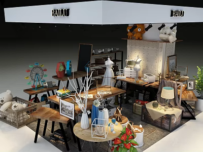 Retail Display Shelves With Teddy Bears Mannequins Lamps And Decorative Items 3d model