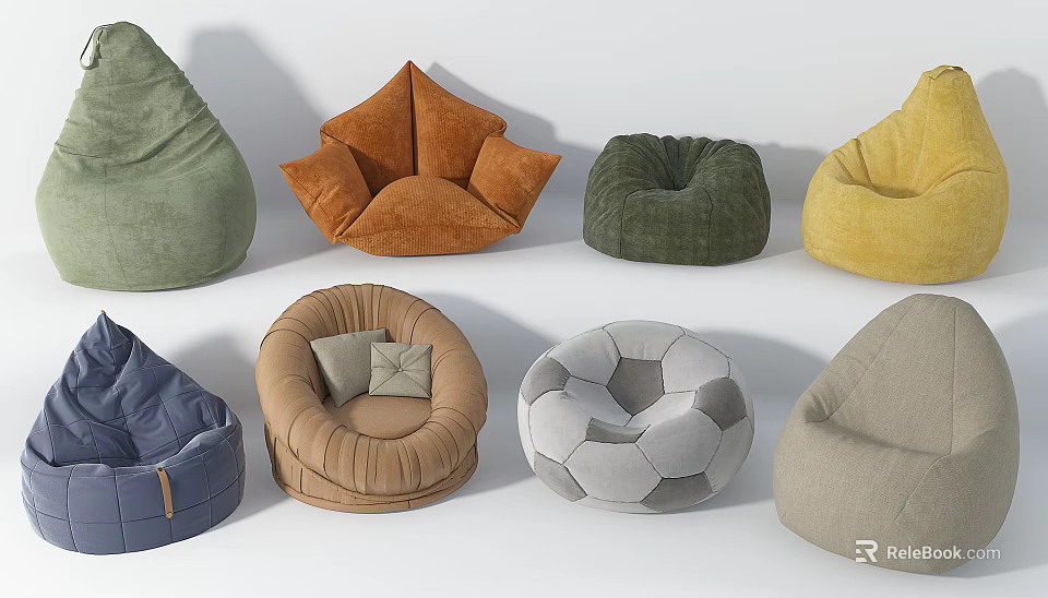 Bean Bag Chairs with Various Colors and Unique Stylish Shapes 3d model 