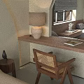 Modern Hotel Room with Large Window Mountain View Beige Curtains and Potted Plant