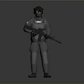 A Man In Police Tactical Gear With Helmet Mask Holding Rifle Against Gray Background
