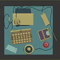 Vintage Electronic Devices Setup With Green Screen Monitor Keyboard Telephone Desk Lamp And Cup