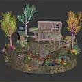 Wooden House With Small Patio Autumn Trees Green Grass And Stones In Natural Setting