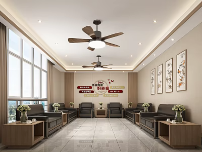 Spacious Hotel Public Lounge Area With Large Windows Ceiling Fans And Decorative Paintings 3d model