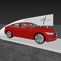 Red Car on White Curved Display Platform with Blue Sky Water and Mr.mu Sign