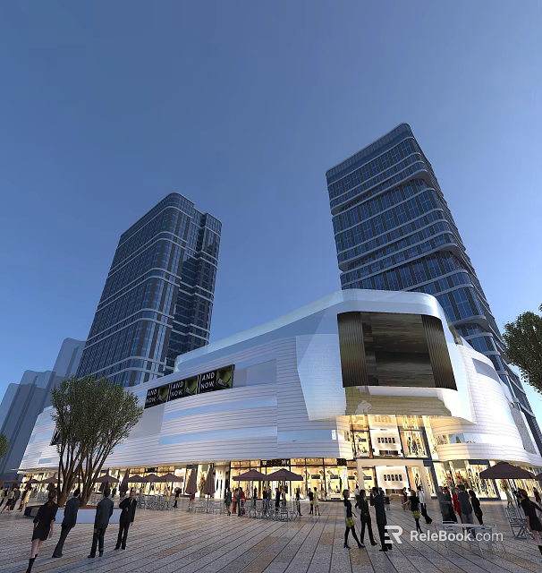 Modern Commercial Street With Tall Glass Buildings And Shopping Mall Outdoor Area And Bright Lighting 3d model 