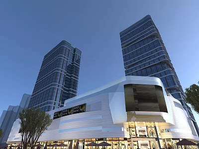 Modern Commercial Street With Tall Glass Buildings And Shopping Mall Outdoor Area And Bright Lighting 3d model