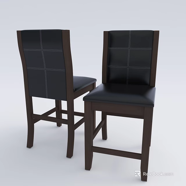 Two Black Leather Dining Chairs With Stitched Backrest And Wooden Legs 3d model 