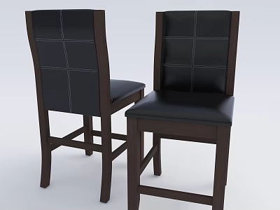 Two Black Leather Dining Chairs With Stitched Backrest And Wooden Legs 3d model