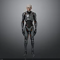 Futuristic Armored Character And Mechanical Being In Sleek Silver Black Red Armor Standing Pose