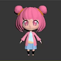 Cute Cartoon Girl With Pink Hair Double Buns Big Pink Eyes And Blue Dress