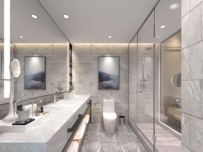 Contemporary Luxury Bathroom With Marble Finishes Double Sinks And Clear Glass Shower Enclosure Design 3d model