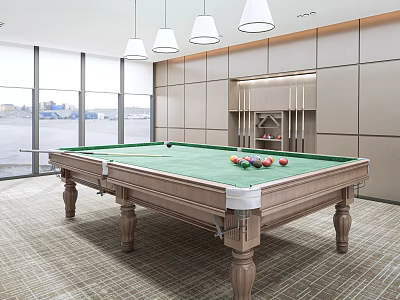 Modern Billiard Room With Green Felt Table Balls Cues Large Windows And Pendant Lights 3d model
