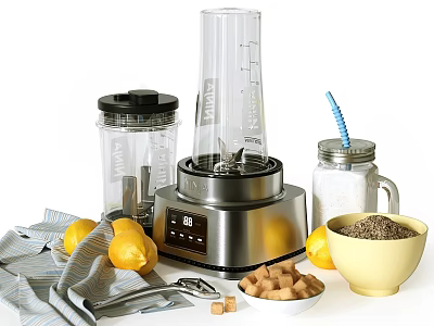 Stainless Steel Blender With Two Jars Lemons Sugar Cubes Chia Seeds Mason Jar And Cloth 3d model