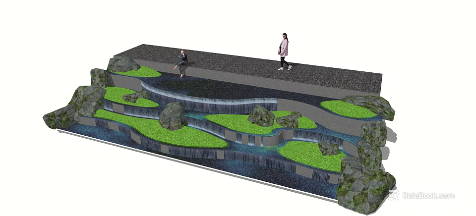 Landscaped Garden Decorative Features With Flowing Water Rocks Lush Greenery And Walking Pathway 3d model 