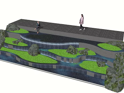 Landscaped Garden Decorative Features With Flowing Water Rocks Lush Greenery And Walking Pathway 3d model