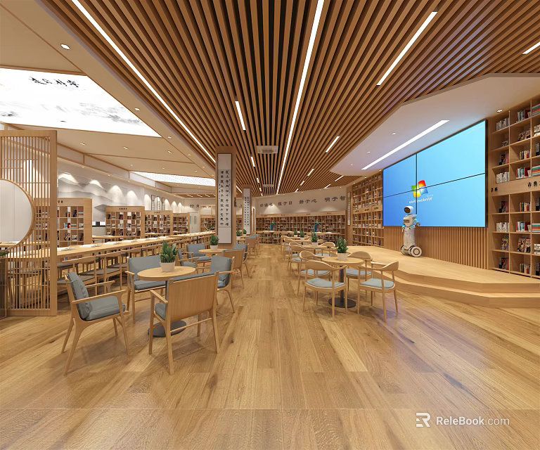 Book Art Gallery Interior With Wooden Shelves Reading Tables And Art Decor 3d model 