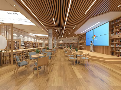 Book Art Gallery Interior With Wooden Shelves Reading Tables And Art Decor 3d model