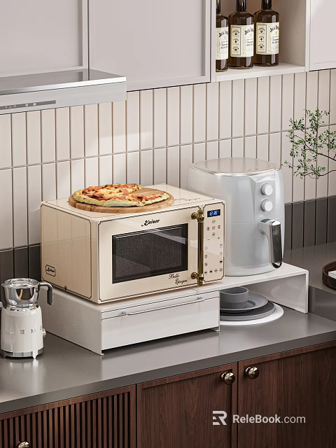 Modern Kitchenware Setup Featuring Microwave Electric Kettle Pizza On Wooden Board Tiled Wall 3d model