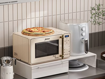 Modern Kitchenware Setup Featuring Microwave Electric Kettle Pizza On Wooden Board Tiled Wall 3d model