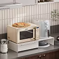 Modern Kitchenware Setup Featuring Microwave Electric Kettle Pizza On Wooden Board Tiled Wall 3d model