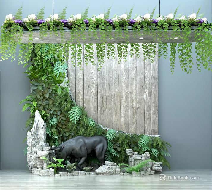Garden Ornament with Green Plants Hanging Vines Wooden Backdrop and Black Bull Statue 3d model 