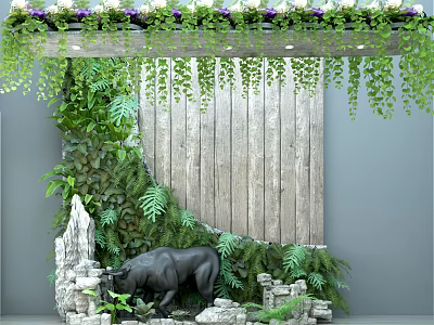 Garden Ornament with Green Plants Hanging Vines Wooden Backdrop and Black Bull Statue 3d model