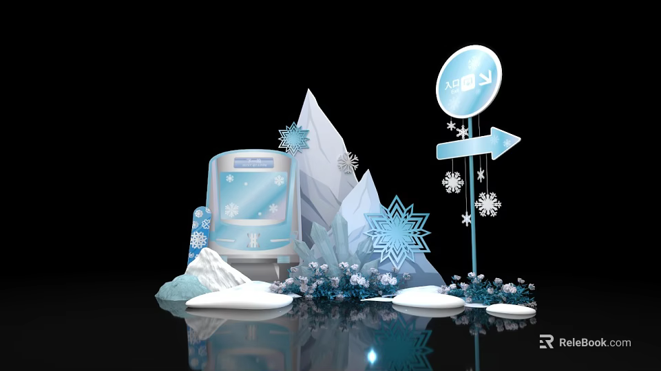 Snow Themed Photo Check-in Spot With Ice Mountains Snowflakes And Blue Signpost 3d model 