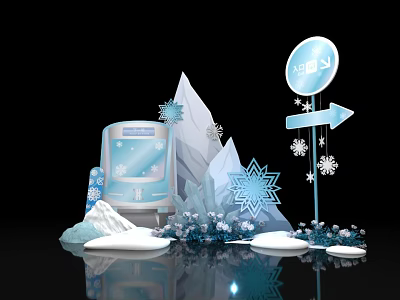 Snow Themed Photo Check-in Spot With Ice Mountains Snowflakes And Blue Signpost 3d model