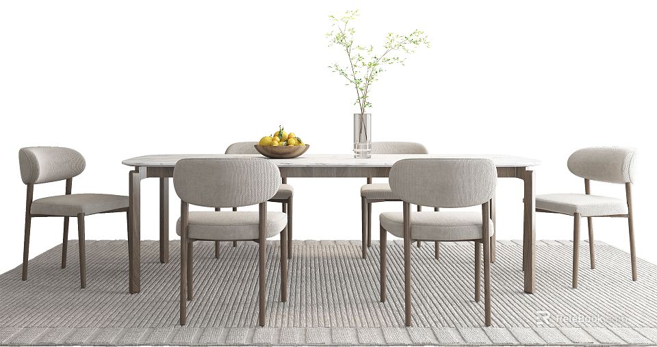 Modern Minimalist Dining Set With Light Gray Upholstered Chairs Wooden Table Vase And Fruit Bowl 3d model 