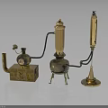 Vintage Laboratory Equipment with Shiny Brass Metal Finish and Connected Tubes on Black Reflective Tabletop