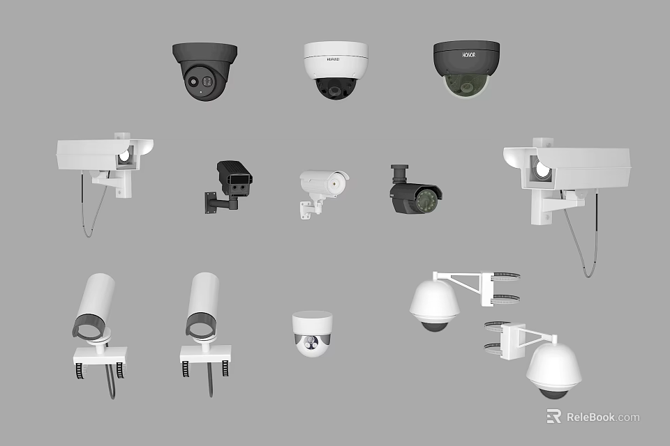 Projection Monitoring Security Cameras Various Types Including Dome Bullet And Wall Mounted Models 3d model 