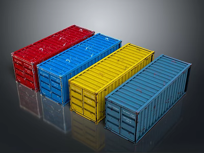 Vibrant Shipping Containers In Red Blue Yellow And Dark Blue On Reflective Surface 3d model