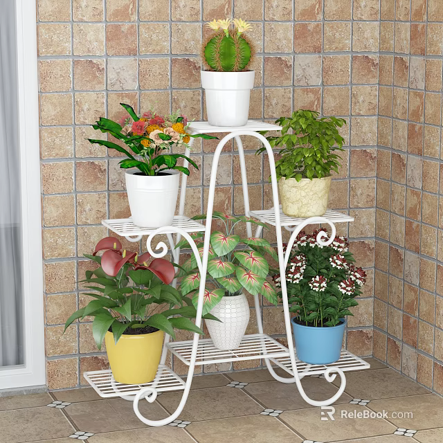 White Multi Tiered Garden Plant Stand With Colorful Potted Flowers And Greenery 3d model 
